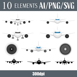 Vista frontal do avião Aviação Transporte Motor a jato Arte vetorial Modo de voo Ilustração digital Silhueta de avião Clipart para impressão