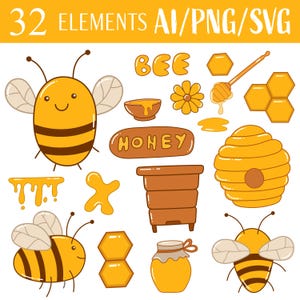 Cute Bee Art Honey Vector Pack Digital Clipart Set Adorable Bumblebee Illustration Sweet Honeycomb Design Kawaii Insect Graphics Printable