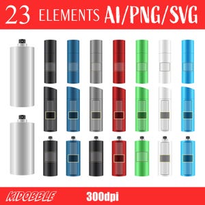 May include: Set of 23 vector illustrations of different colored and styled deodorant spray bottles. The bottles are all the same size and shape, but have different colors and designs. The bottles are arranged in a grid pattern.