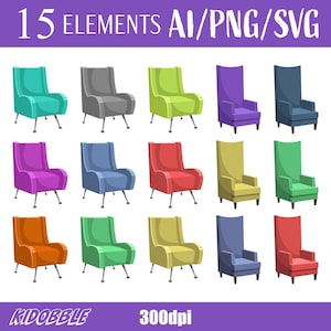 Retro Chair Clipart Vintage Furniture Illustration Digital Graphics Stylish Seating Elements Home Decor Vector Illustration Set