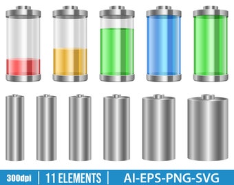 Digital battery clipart vector design illustration. Battery set. Vector Clipart Print