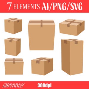 Caja de cartón Clipart Vector Arte digital Imprimible Gráficos de caja Ilustración vectorial Diseño de empaque Conjunto de imágenes prediseñadas de caja de cartón