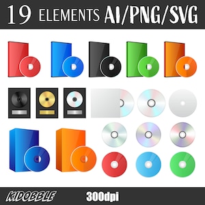 May include: A set of 19 vector graphics of DVD cases and discs in various colors, including red, blue, green, black, orange, and white. The graphics are in a flat style and are perfect for use in design projects.