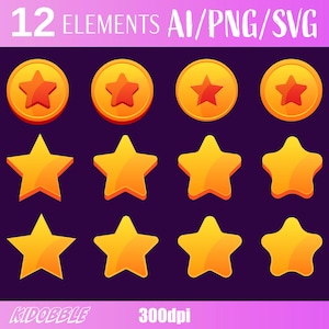 Game Golden Stars Clipart | Pixel Star Stickers | Hand-Drawn Game Stars | Digital PNG & SVG