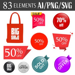 Grote verkoop elementen clipart vector korting badge illustratie promotioneel labelontwerp digitaal kunstwerk speciale aanbieding clip art afdrukbaar