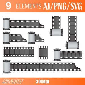 Kamera Film Roll Clipart Vektor Fotografie Ausrüstung Illustration Vintage Kamera Zubehör digitale Kunst Film Streifen druckbare herunterladbare