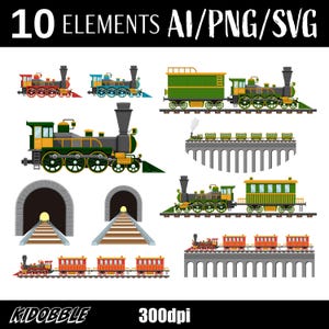 Tren antiguo sobre ferrocarril, locomotora histórica, transporte, arte vectorial, motor de vapor, ilustración digital, clipart clásico, imprimible