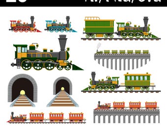 Vintage Train On Railroad Historic Locomotive Transportation Vector Art Steam Engine Digital Illustration Classic Clipart Printable
