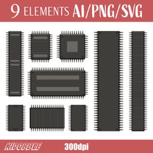 Puede incluir: Nueve chips de computadora negros y grises con diferentes tamaños y recuentos de pines. Los chips están dispuestos en un patrón de cuadrícula sobre un fondo blanco. El texto "9 ELEMENTS AI/PNG/SVG" está en la parte superior de la imagen. El texto "300dpi" está en la parte inferior de la imagen.