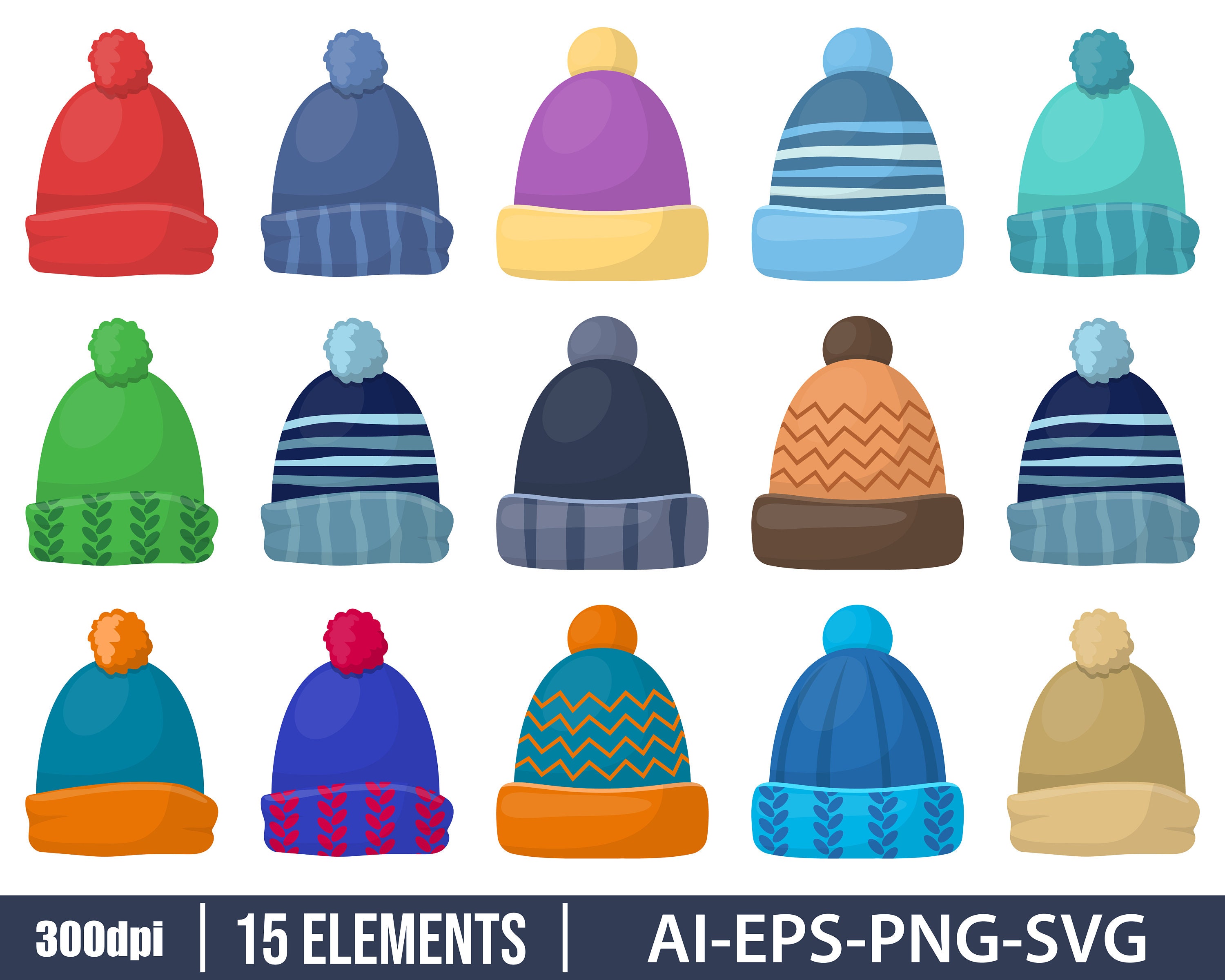 Winte Cap Clipart Vector Design Illustration. Winter Cap Set. - Etsy