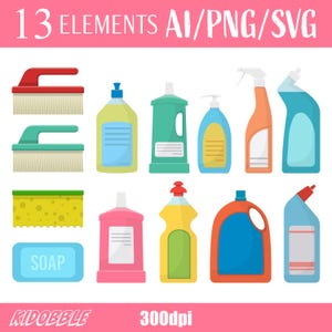 May include: A set of 13 cleaning supply icons in a cartoon style. The icons include a yellow sponge, a blue soap bar, two blue and red scrub brushes, and eight different bottles of cleaning supplies in various colours.
