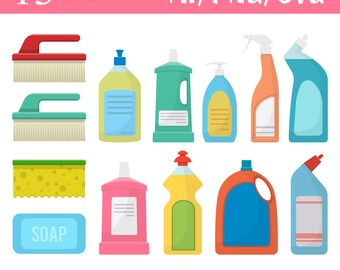 May include: A set of 13 cleaning supply icons in a cartoon style. The icons include a yellow sponge, a blue soap bar, two blue and red scrub brushes, and eight different bottles of cleaning supplies in various colors.