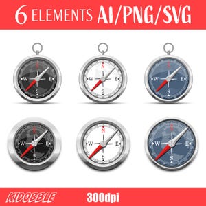 May include: Six compass illustrations with different color schemes. The compasses are silver with a black, white, or blue face. The needle is red and points north. The compass face has the letters N, S, E, and W for north, south, east, and west.