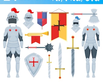 Ridder objecten middeleeuws harnas zwaard schild helm digitale clipart set harnas middeleeuwse objecten clipart ontwerp ridder harnas fantasie clipart
