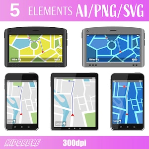 Clipart Appareil GPS | Navigation dessinée à la main | Icônes GPS numériques | Fichiers PNG et SVG