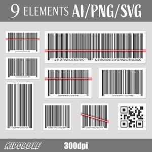 May include: Nine black and white barcode designs with the numbers 12345678901234567890 underneath each barcode. The barcodes are on a white background. There is also a black and white QR code.
