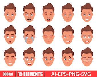 Man face expression clipart vector design illustration. Man face set. Vector Clipart Print