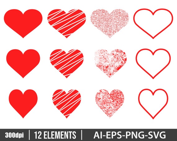 Red heart set clipart vector design illustration. Heart, love, romance,  romantic, set. Vector Clipart Print
