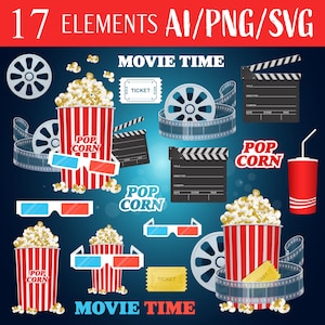Film Zeit Kino Unterhaltung Film Rolle Vektor Kunst Popcorn Karte Digitale Illustration Theater Clipart druckbare Design herunterladbare
