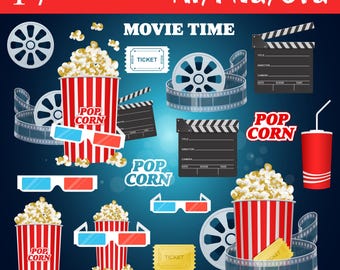 Movie Time Cinema Entertainment Film Reel Vector Art Popcorn Ticket Digital Illustration Theater Clipart Printable Design Downloadable