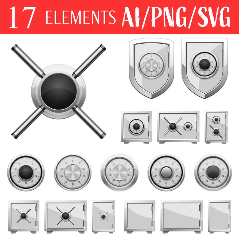 May include: A set of 17 silver safe and vault door elements, including a round door with a cross-shaped handle, a shield-shaped door with a combination lock, and various square doors with different lock styles. The elements are isolated on a white background.