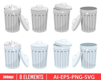 Metallic trash can clipart vector design illustration. Trash can set. Vector Clipart Print