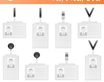 May include: Eight white ID badge designs with various attachment styles, including lanyards and retractable clips. Each badge features a placeholder image of a person in a suit and space for text. The image includes the text "8 ELEMENTS AI/PNG/SVG", "KIDOBBLE", and "300dpi".