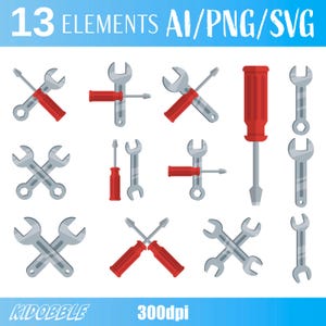 May include: A collection of 13 vector illustrations of tools, including wrenches and screwdrivers. The wrenches are gray, and the screwdrivers have red handles. The text at the top reads "13 ELEMENTS AI/PNG/SVG". The bottom text reads "KIDOBBLE" and "300dpi".