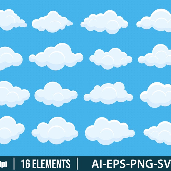 Set of white clouds clipart vector design illustration. White cloud, cloudy, drawing, icon set. Vector Clipart Print