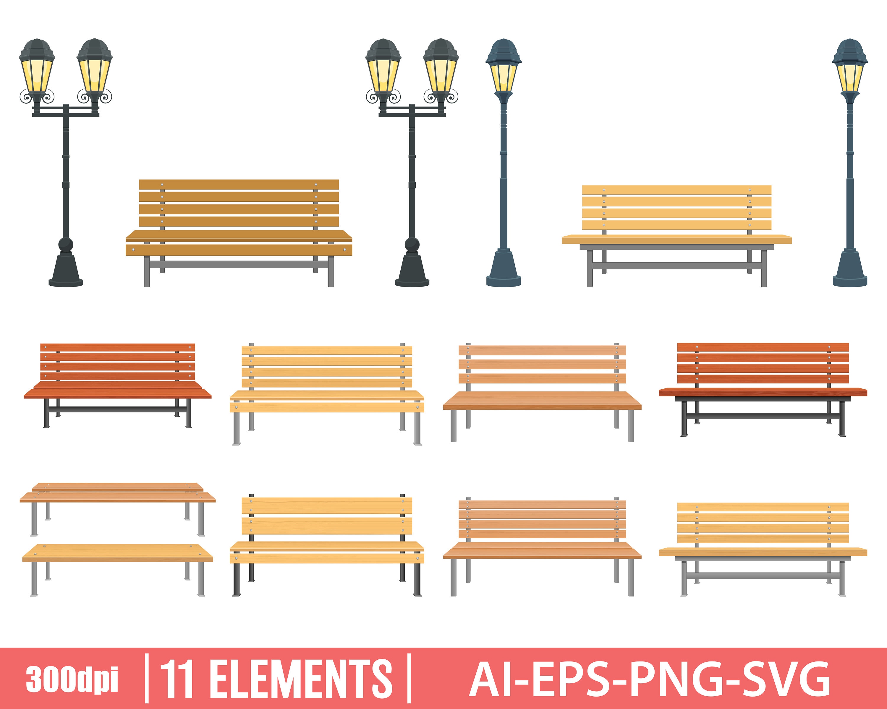 Park Bench Clipart Vector Design Illustration. Park Bench Set. Vector