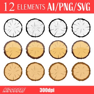 May include: Twelve black and white line art and brown and beige wood grain illustrations of tree rings. The illustrations are in a circle shape and are arranged in four rows of three. The text "12 ELEMENTS AI/PNG/SVG" is at the top of the image. The text "KIDOBBLE" is at the bottom left of the image. The text "300dpi" is at the bottom right of the image.