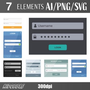 Puede incluir: Elementos de diseño digital para interfaces de inicio de sesión. La imagen muestra siete diseños diferentes de pantallas de inicio de sesión con campos para nombre de usuario y contraseña, y un botón de inicio de sesión. Los diseños varían en color y diseño.