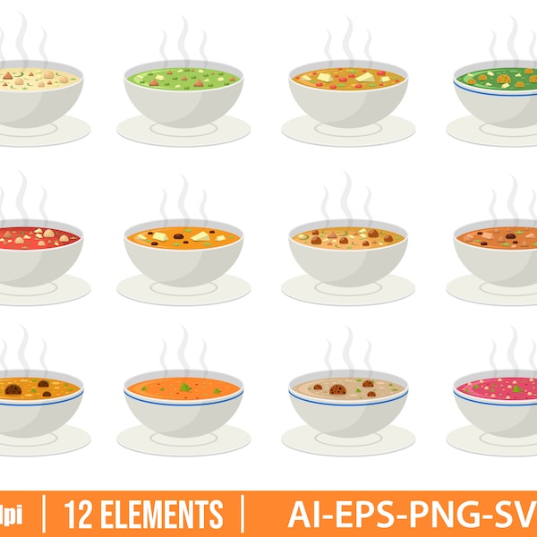 Hot vegetable soup clipart vector design illustration. Bowl soup set. Vector Clipart Print