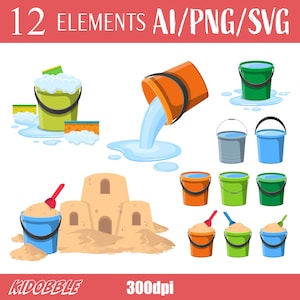 Può includere: Un set di 12 illustrazioni di secchi, sabbia e pale in stile cartone animato. I secchi sono di vari colori, tra cui verde, blu, arancione e grigio. Ci sono anche due castelli di sabbia e due pale. Le illustrazioni sono perfette per l'uso in una varietà di progetti, come libri per bambini, siti web e social media.
