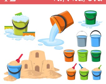 Hink med vatten och sand strandlek sommarkul digital vektorkonst clipart strandverktyg vatten sandkul sommar digital clipart