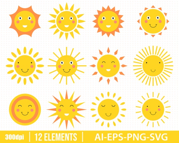 Smiling Sun Cartoon Clipart Vector Design Illustration Smile Etsy