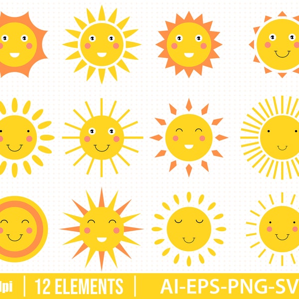 Smiling sun cartoon clipart vector design illustration. Smile, sun, cute, face, flat, icon. Vector Clipart Print