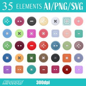 May include: A set of 35 colorful buttons in various shapes and sizes, including round, square, and rectangular buttons. The buttons have different designs, such as dots, lines, and crosses. The buttons are arranged in a grid pattern on a white background. The text "35 ELEMENTS AI/PNG/SVG" and "KIDOBBLE 300dpi" are at the top and bottom of the image.