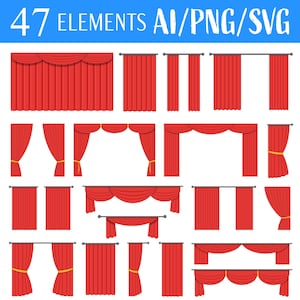 Clipart di tende da teatro, vettore, arte digitale, tende da palcoscenico, grafica teatrale stampabile, design di tende drammatiche, clip art, set di tende da palcoscenico rosse