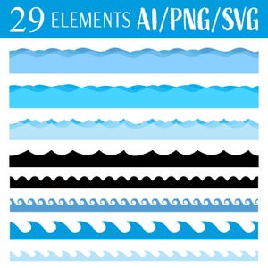 Może przedstawiać: Zestaw 29 cyfrowych ilustracji fal oceanicznych w różnych stylach. Fale są niebieskie, jasnoniebieskie i czarne. Ilustracje idealnie nadają się do tworzenia projektów cyfrowych, tła i wzorów.