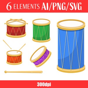 May include: Six cartoon illustrations of a red, green, blue, and purple drum with a pair of drumsticks and a single drumstick. The drums have a gold rim and a white surface. The drumsticks are brown.