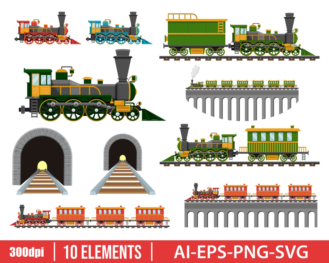 Vintage train on railroad clipart vector design illustration. Etsy