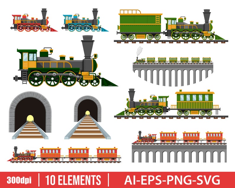 Vintage Train on Railroad Clipart Vector Design Illustration. Train Set ...