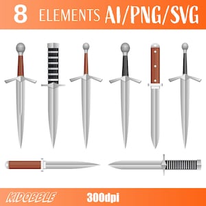 May include: An illustration of eight different swords with silver blades and various handle designs. The handles are brown, black, and white. The image includes the text "8 ELEMENTS AI/PNG/SVG" and "300dpi".
