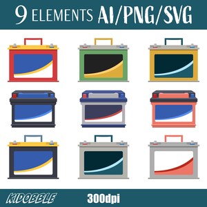 May include: Nine illustrations of car batteries in various colors, including red, green, yellow, blue, black, and gray. Each battery has a black handle and a white label with a blue and yellow stripe.