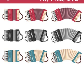 Conjunto de acordeón, instrumento musical, fuelle, sonido, arte vectorial, música tradicional, ilustración digital, clipart folclórico, diseño imprimible, descargable