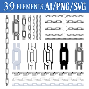 Cadena de eslabones de metal, cerradura de seguridad, arte vectorial industrial, fuerte vínculo, ilustración digital, hardware, clipart, diseño imprimible, descargable