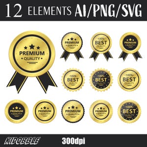 Peut inclure: Douze badges de qualité supérieure et de meilleure qualité dorés et noirs avec ruban. Les badges sont ronds et ont une bordure dorée avec du texte noir et des étoiles. Les rubans sont noirs avec des garnitures dorées.
