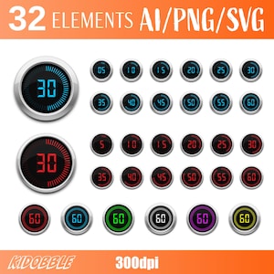 Digital Timer Clipart | Countdown Clock Graphics | Hand-Drawn Stopwatch Icons | Digital PNG & SVG