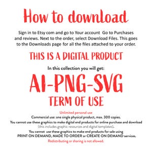 May include: A white background with red text that says "How to download". The text below explains how to download a digital product from Etsy. The text also includes the terms of use for the product, which include unlimited personal use and commercial use with a maximum of 300 copies.